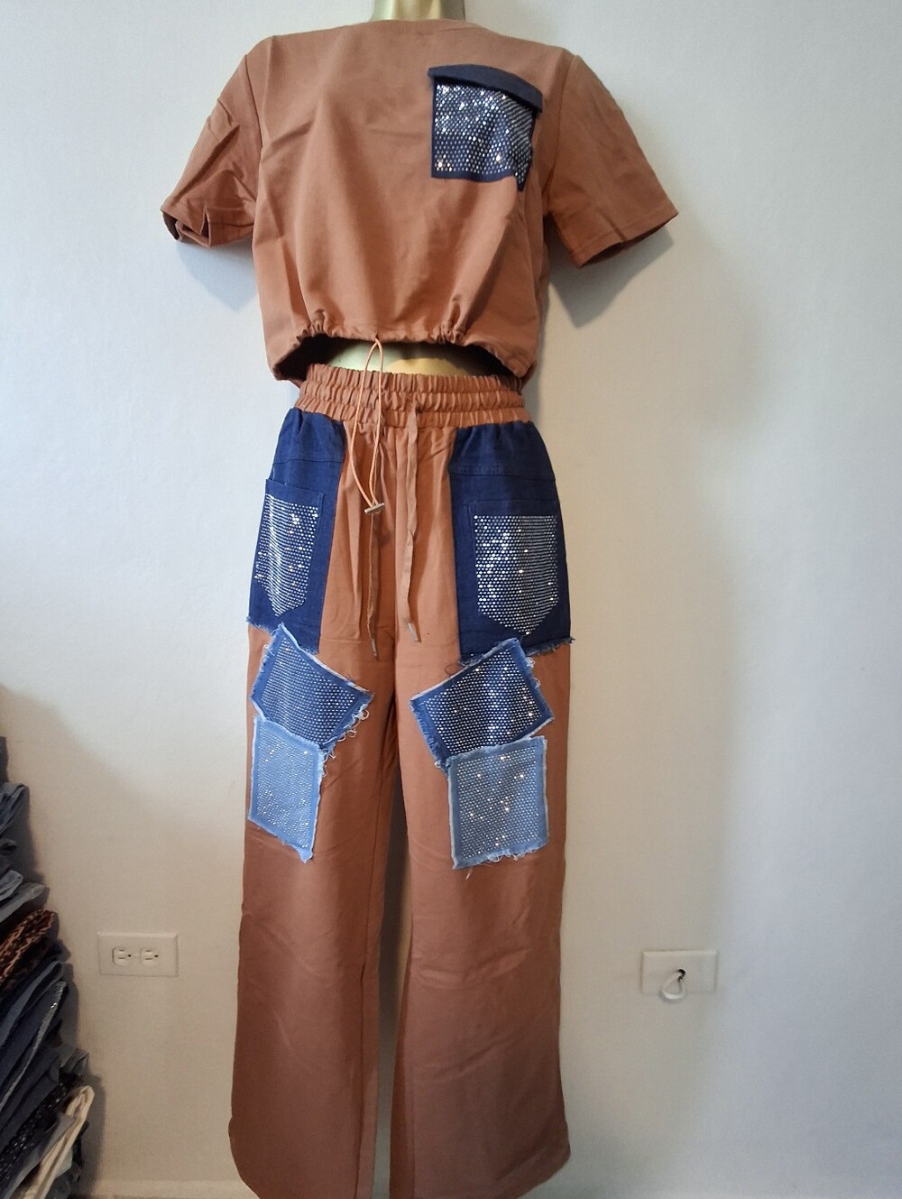 Women’s Two-Tone Brown & Navy Patchwork Wide-Leg Jumpsuit